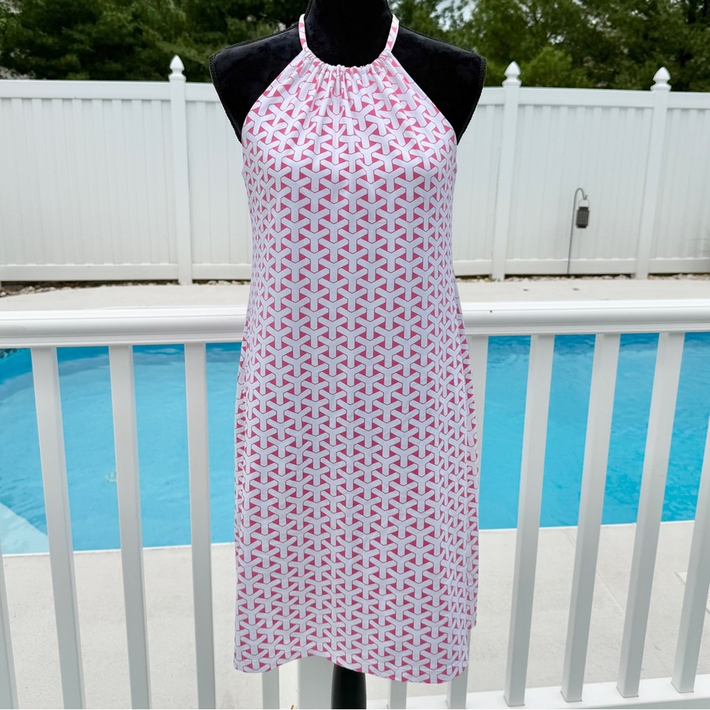 J.McLaughlin Maria Halter Dress Pink and White Design Catalina Cloth Size Medium